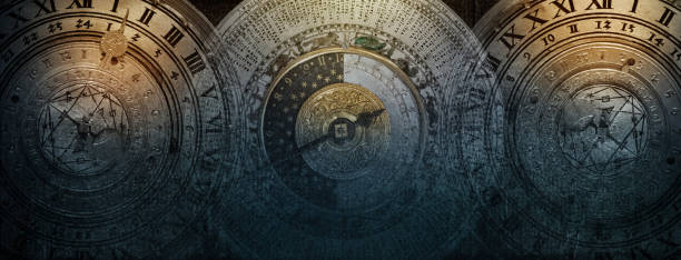istock Ancient calendar with constellations and astronomical instruments against the oold paper background. Symbol of science, astronomy, astrology, mystery, education, mysticism, numerology, occultism, divination, philosophy. 1614240109