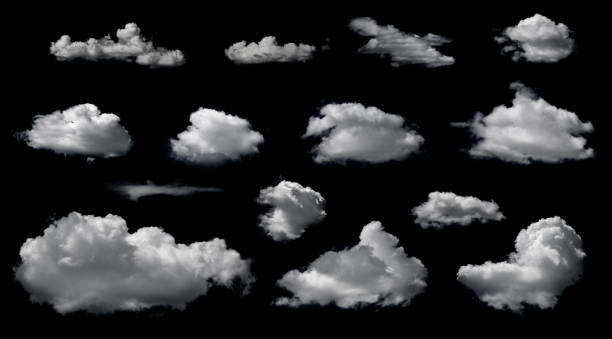 istock Clouds set isolated on black background. White cloudiness, mist or smog background. 1614241896