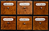 Old pharmacy cabinet with pharmacy medicines in it. Vintage medical, pharmacy, apothecary, drugstore and chemistry background.