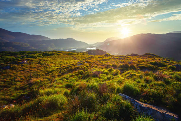 sonnenaufgang an derladies view an den seen von killarney entlang des ring of kerry, grafschaft kerry, irland - scenics county kerry republic of ireland irish culture stock-fotos und bilder