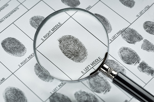 Magnifier and fingerprint police form.  Background on the theme of crime, police, fbi, detective, investigation, consequent; inquiry; inquest. Also the topic of security, identification, id, biometric etc.