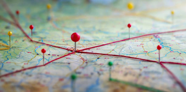istock Find your way. Location marking with a pin on a map with routes. Adventure, discovery, navigation, communication, logistics, geography, transport and travel theme concept background. 1614270263
