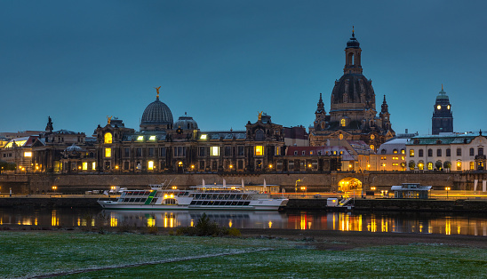 Dresden city skyline and Elbe river at sunset , Dresden, Saxony, Germany. Panoramic evening view of Dresden.