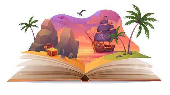 Open book with fun story about adventure of pirate ship for children vector illustration. Cartoon fairytale world on paper pages for reading, corsair boat sailing to treasure island in sea landscape