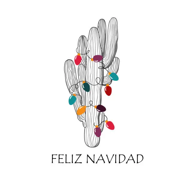 Vector illustration of Christmas cactus with lights illustration for tropical Christmas decor. Text in Spanish Feliz Navidad means Merry Christmas