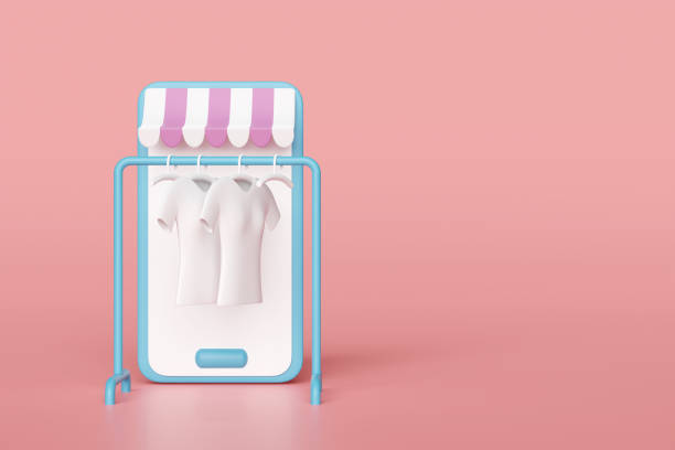 istock smartphone store front with coat rack, shirt, hanger isolated on pink background. online shopping concept, 3d render illustration 1614281220