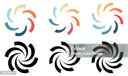 istock Circle arc cuts arranged in larger round, forming whirlpool swirl or fan blades like symbol,  version with six to eight elements 1614283441