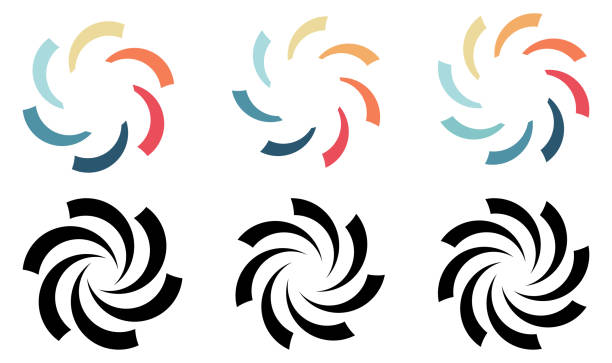 Circle arc cuts arranged in larger round, forming whirlpool swirl or fan blades like symbol,  version with six to eight elements vector art illustration
