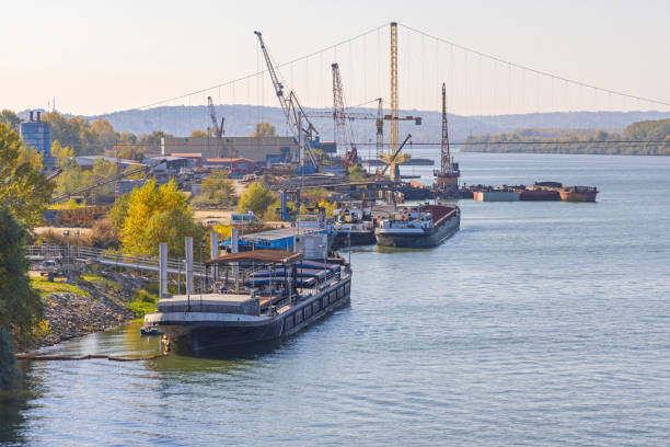 Barge in Danube river near Vidin Town. Bulgaria, Balkans, Europe.
