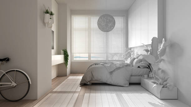istock Architect interior designer concept: unfinished project that becomes real, panoramic minimalist bedroom, parquet, window, house plants, duvet, pillows. Eco concept, interior design 1614291435
