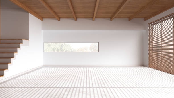 istock Wooden empty room interior design, open space with resin floor, beams ceiling, white walls and staircase, modern contemporary architecture concept idea 1614291465