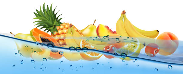 istock Fresh fruit and sweet berries  in transparent water and oxygen bubble. Pineapple, banana, cherry, orange, guava, pear, citron, peach, mango, papaya. Vector. 1614299617