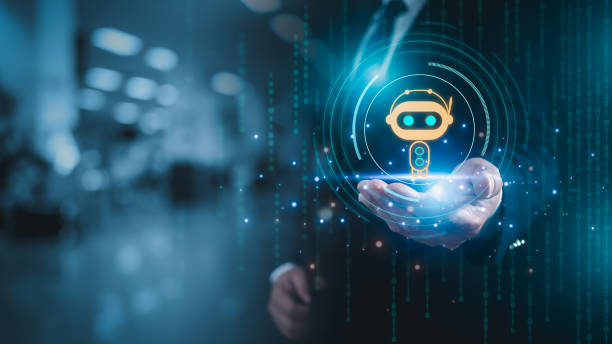 istock Businessman hand holding robot model and AI. Symbolic, Machine learning, artificial intelligence of futuristic technology, AI network of brains in business analytics. 1614301906