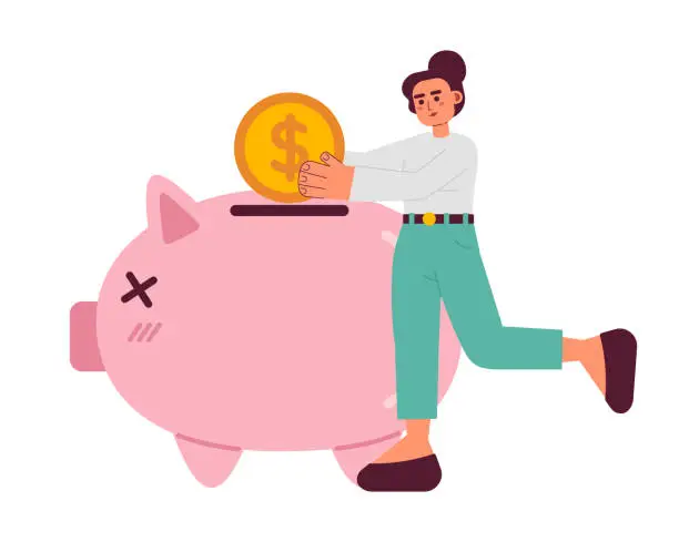 Vector illustration of Young woman invest coin into piggy bank 2D vector isolated spot illustration