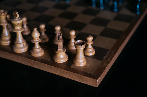 Close-up view of an Old chessboard.