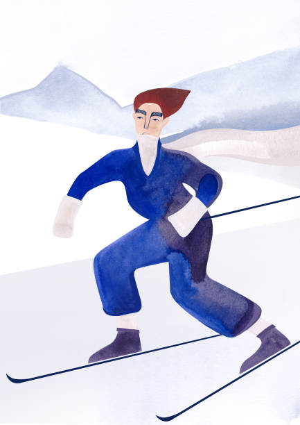 istock A3 watercolor poster with a skier at the resort. Postcard. Wall art. Mountain landscape. Holidays. Winter view. White and blue background. Interior painting. 1614316862