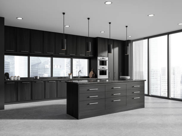 istock Modern design wooden kitchen interior with table and chairs, island bar, window with view and daylight. 3D rendering. 1614327325