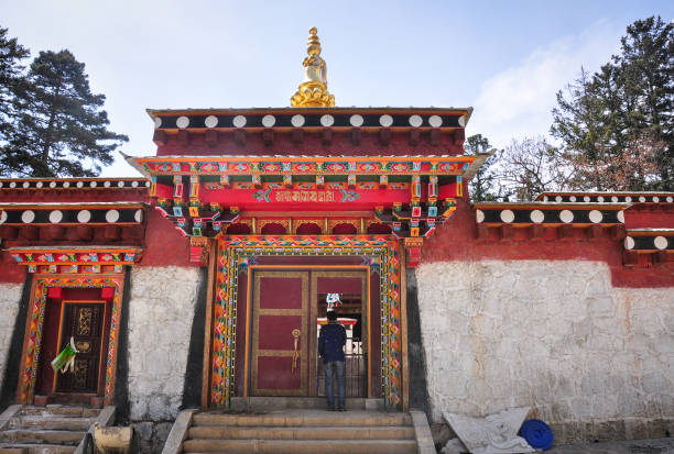 Yunnan, China - May 1, 2014. Facade of a Tibetan Buddhist temple in Yunnan, China. Yunnan is situated in a mountainous area, with high elevations in the northwest.