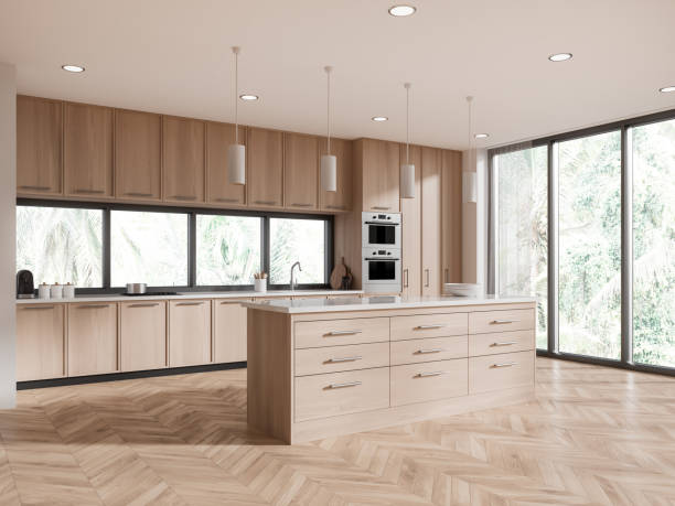 istock Modern design wooden kitchen interior with table and chairs, island bar, window with view and daylight. 3D rendering. 1614332583