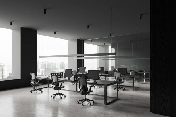 istock Workspace interior with coworking and glass meeting room, panoramic window 1614333729