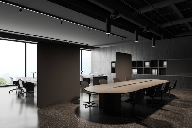 istock Gray office meeting room interior and open space area 1614334921