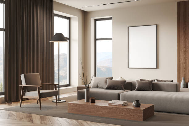 istock Cozy living room interior couch and armchair with window, mockup frame 1614337731