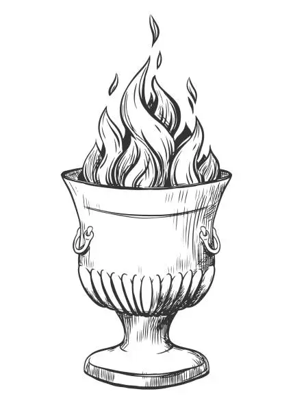 Vector illustration of Zoroastrian fire altar, the incarnation of the god Ahura Mazda. Unquenchable flame in the goblet. Vector. Engraving style illustration. Ink drawing of a religious symbol of the ancient Iranians.