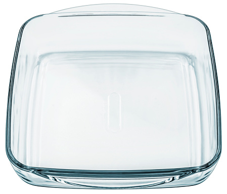Large rounded square empty clear glass cake baking dish with handles, isolated on white background, side view.