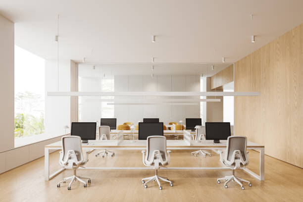 istock Office interior with workspace and glass meeting room, panoramic window 1614340990