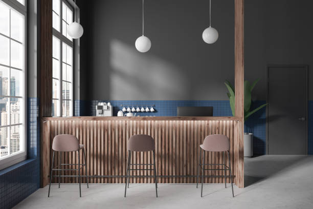 istock Gray and blue tile coffee shop interior with bar 1614341593