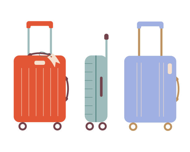 ilustraciones, imágenes clip art, dibujos animados e iconos de stock de set de lindas maletas de colores sobre ruedas. ilustración vectorial de equipaje - equipaje con ruedas