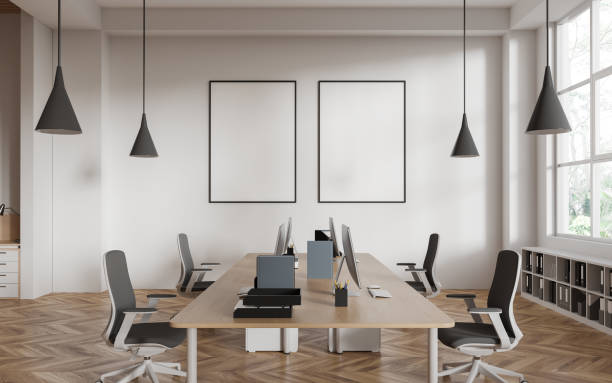 istock Modern workspace interior with office furniture and window. Mockup frames 1614343231