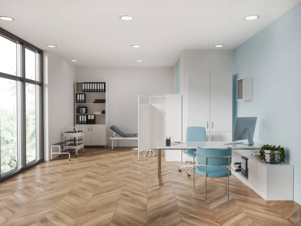 istock Stylish white and blue doctor office interior 1614346998