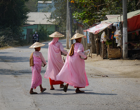 Mandalay, Myanmar - Feb 21, 2016. Buddhist nuns walking for morning alms at countryside in Mandalay, Myanmar.