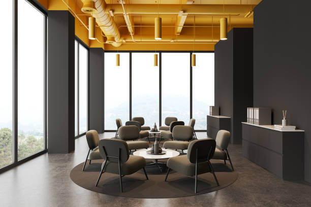 istock Gray office waiting room interior with armchairs and tables 1614350321