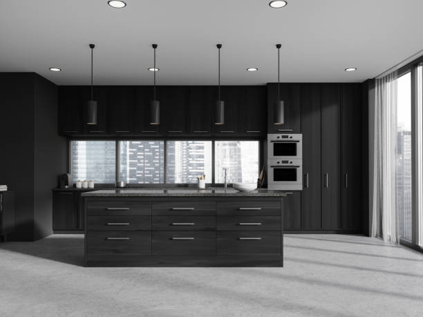istock Modern design wooden kitchen interior with table and chairs, island bar, window with view and daylight. 3D rendering. 1614353141