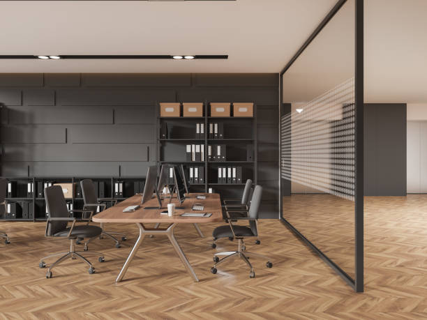 istock Coworking interior with workplace and hallway with elevator, glass partition 1614353401