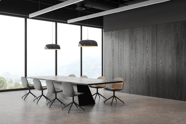 istock Grey business meeting room interior with table and chairs, window. Copy space wall 1614357183
