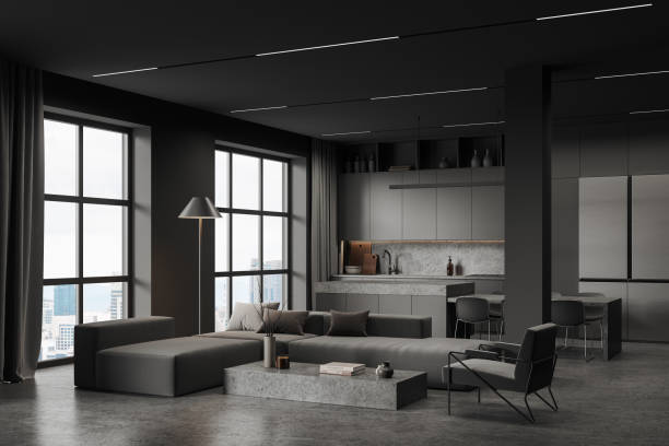 istock Gray living room and kitchen interior 1614357806