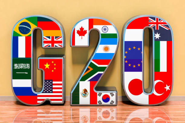 концепция встречи g20, флаги всех членов g20 в зале. 3d-рендеринг - group of 20 стоковые фото и изображения