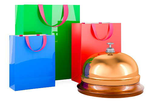 Shopping bags with reception bell, 3D rendering isolated on white background