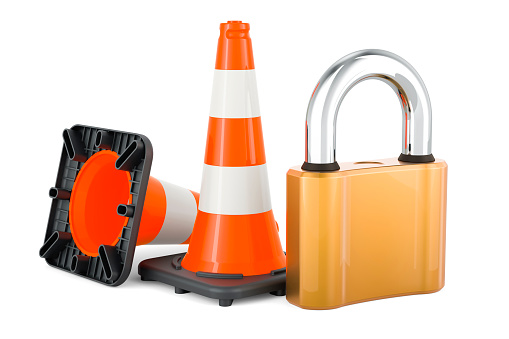 Traffic Cones with padlock, 3D rendering isolated on white background