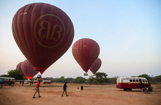 Bagan, Myanmar - Feb 20, 2016. Hot air balloons are ready to fly in Bagan, Myanmar. Seeing hot-air balloons flying over Bagan is one of the iconic images of Myanmar.