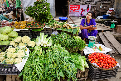 Mandalay, Myanmar - Feb 23, 2016. A woman selling vegetables at local market in Mandalay, Myanmar. Mandalay is the second largest city in Burma, and a former capital of Myanmar.