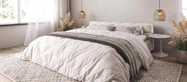 istock Vertical two frame mockup in boho bedroom interior with wooden floor and white bed. Beige blanket, cushion and dried grass. Basket and wicker lamp on wall. 3d rendering. High quality 3d illustration 1614411759
