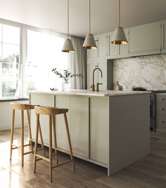 istock Japandi modern scandinavian style apartment kitchen interior design. Decoration with green pastel counter, wooden cabinet and marble counter top. 3d rendering. High quality 3d illustration 1614411762
