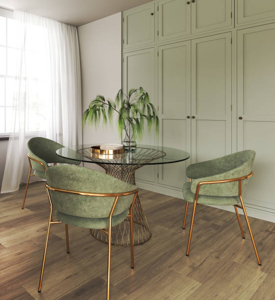 istock Dining room decorated in minimalist style. Kitchen interior design. Dining table with green cloth chair. White curtains on windows. Realistic 3d render. High quality 3d illustration 1614411782