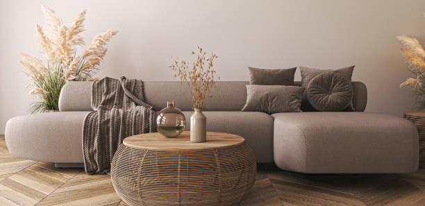 istock Living room interior wall mockup in warm tones with beige sofa and dried pampas grass. Boho style decoration on empty wall background. 3d render. High quality 3d illustration 1614412871