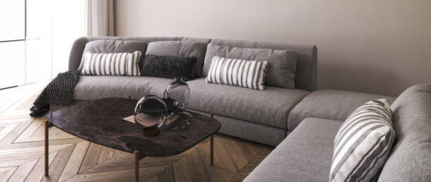 istock Poster frame mockup in modern home interior background with sofa, table and decor in living room. 3d render. High quality 3d illustration 1614412881