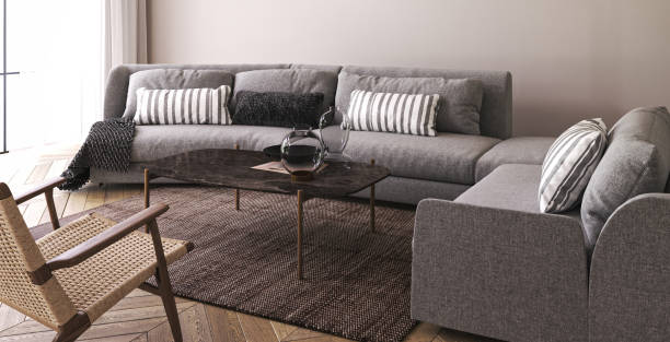 istock Modern classic white interior with sofa, lamps and decor. 3d render illustration mockup. High quality 3d illustration 1614412882